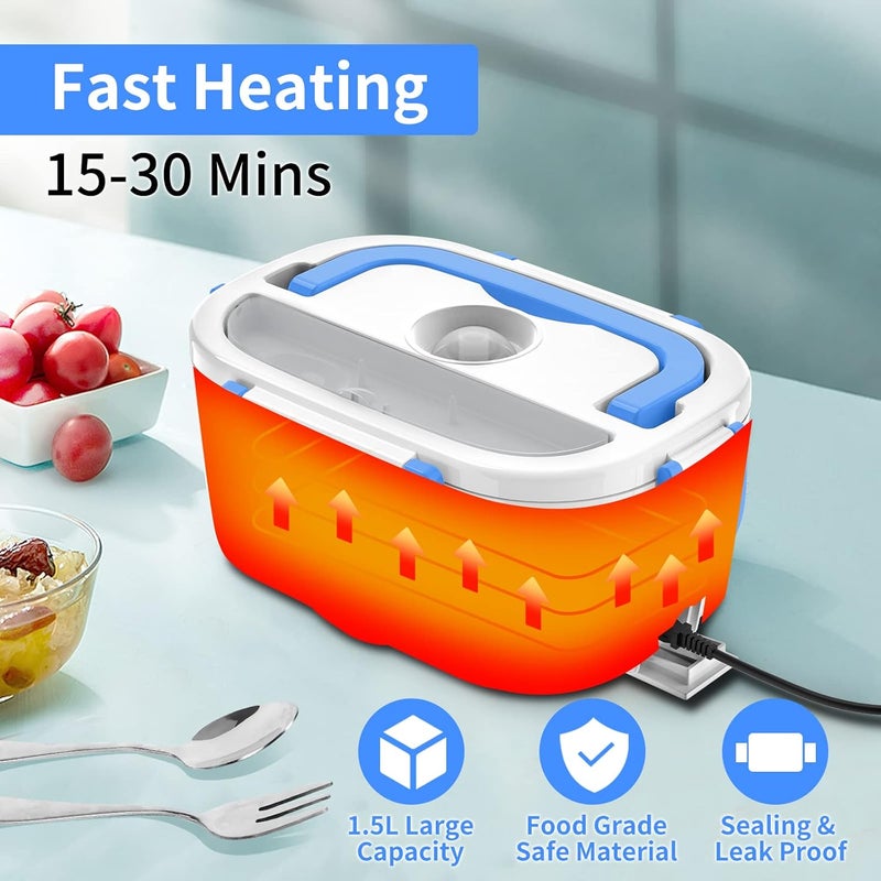 CHARMDOO Electric Lunch Box, Food Warmer Heater 12V 24V 110V, 80W Faster Heated Lunch Box for Car/Truck/Home Portable Heating Boxes with 1.5L 304 SS Container Fork & Spoon, White+Blue - Image 3